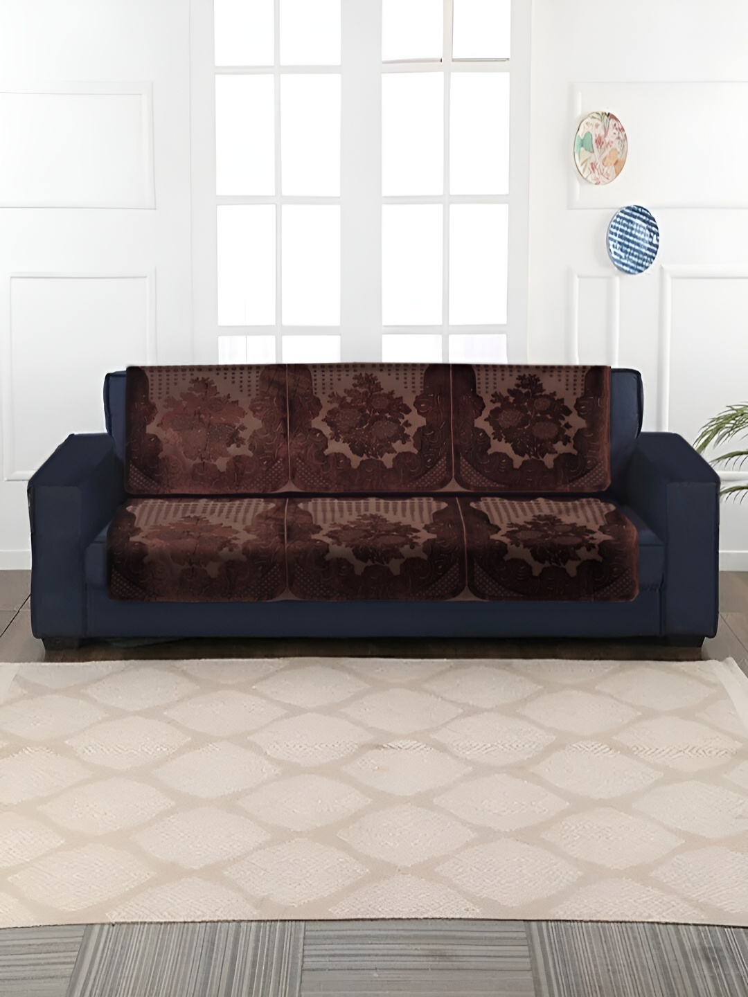 

HOSTA HOMES Brown 2 Pieces Velvet Self-Embossed 5-Seater Sofa Covers