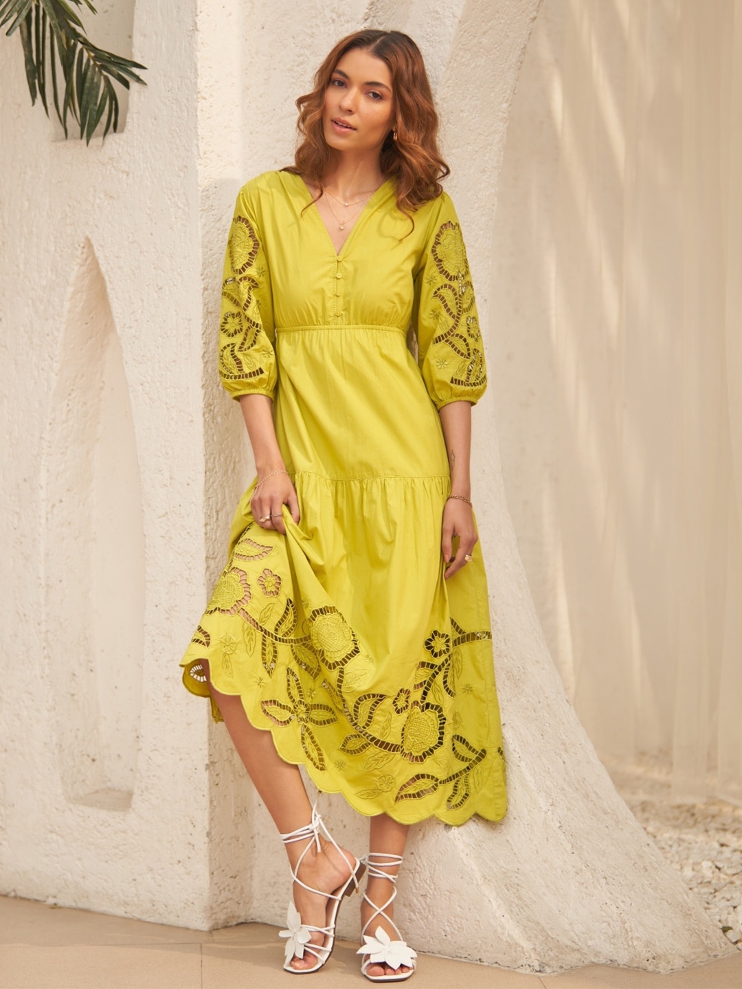 

Style Island Floral V-Neck Cotton Casual A-Line Midi Dress, Yellow