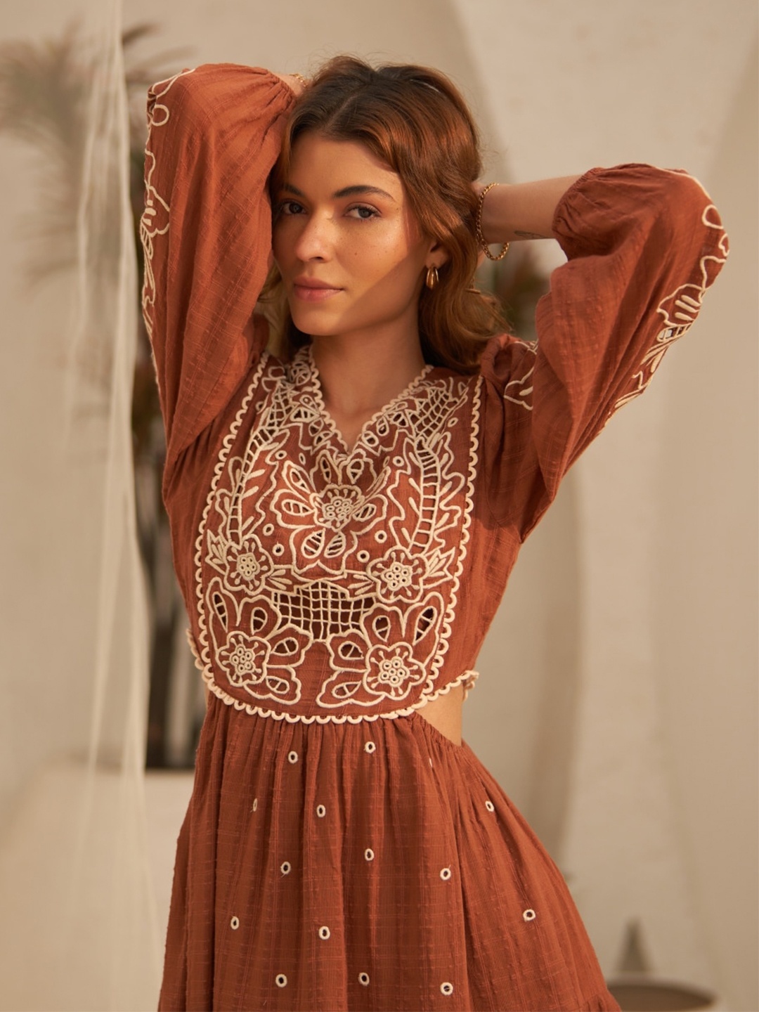 

Style Island Round Neck Floral Print Cotton Fit & Flare Dress, Brown