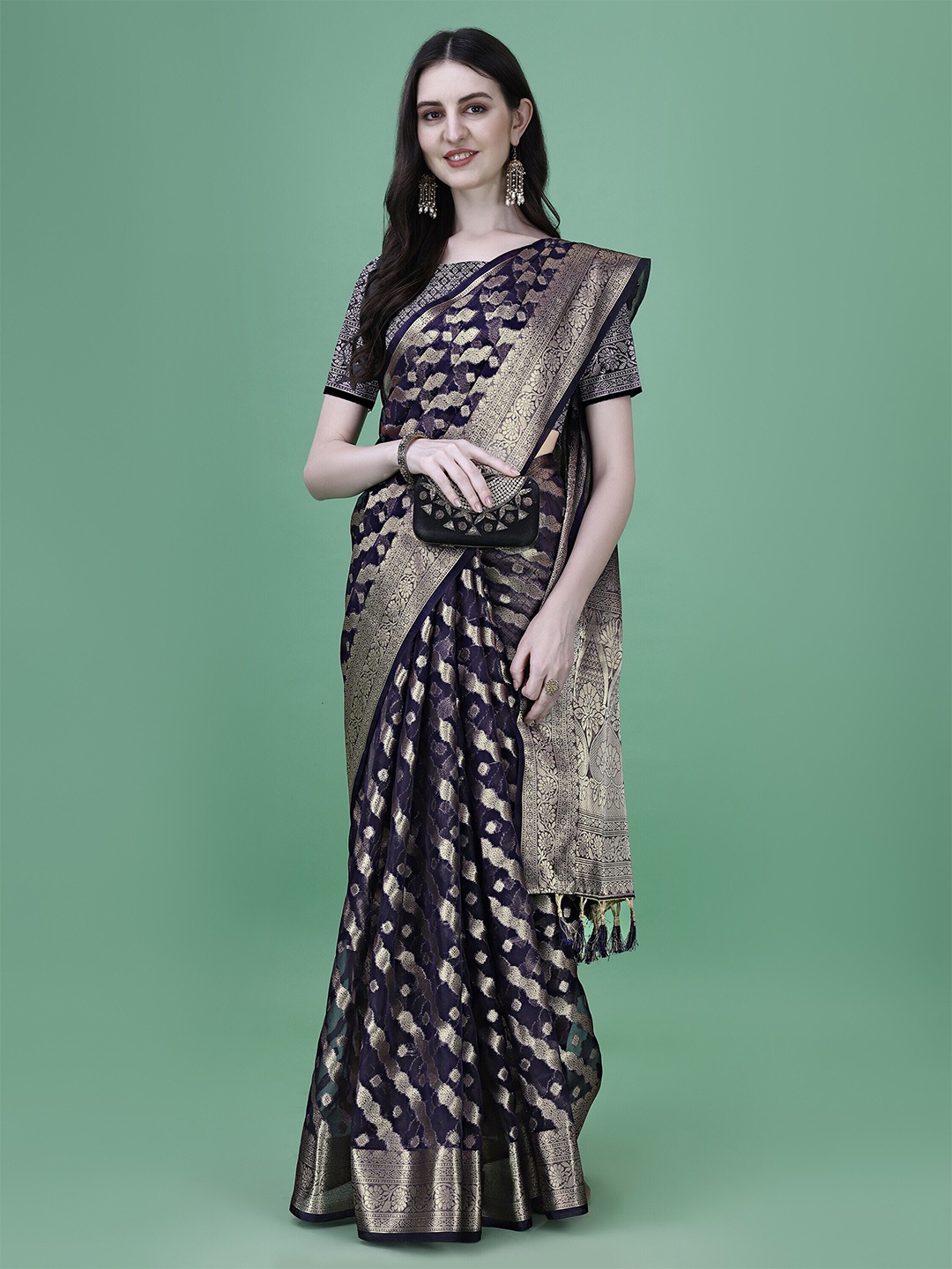 

ANISSA SAREE Ethnic Motif Woven Design Organza Banarasi Zari Saree, Navy blue