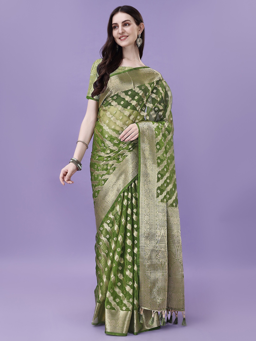 

ANISSA SAREE Ethnic Motifs Woven Design Zari Organza Banarasi Saree, Olive