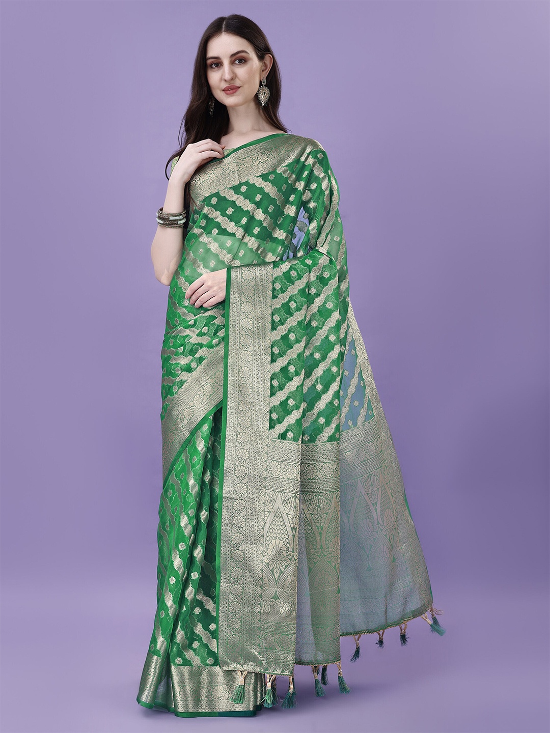 

ANISSA SAREE Ethic Motif Woven Design Organza Banarasi Zari Saree, Green