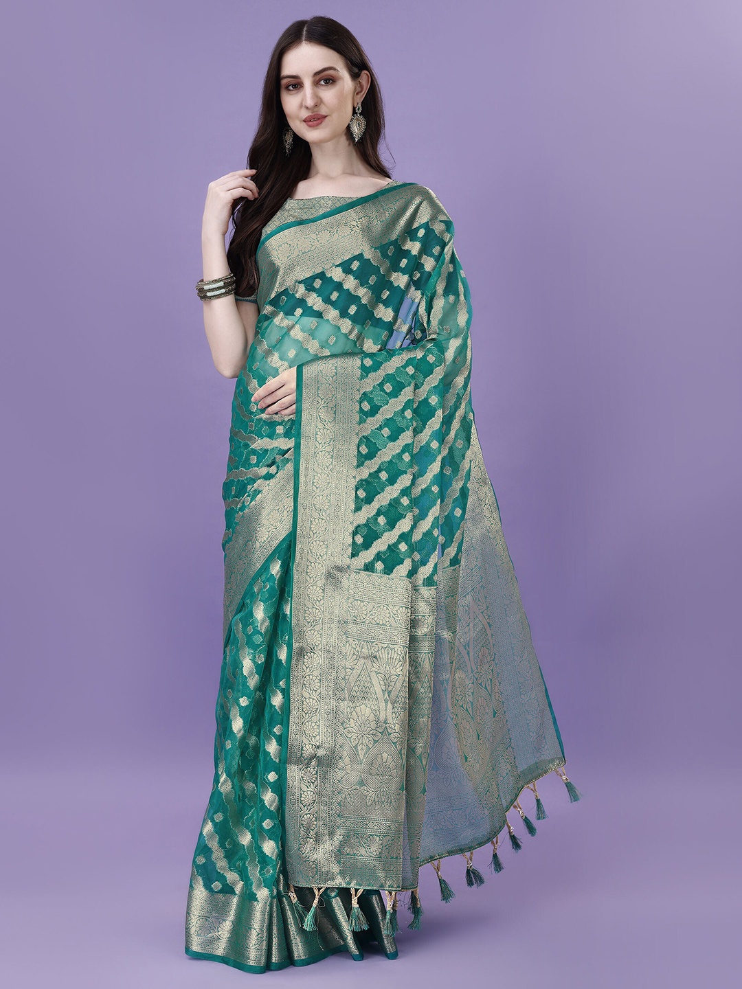 

ANISSA SAREE Ethnic Motif Woven Design Organza Banarasi Zari Saree, Sea green