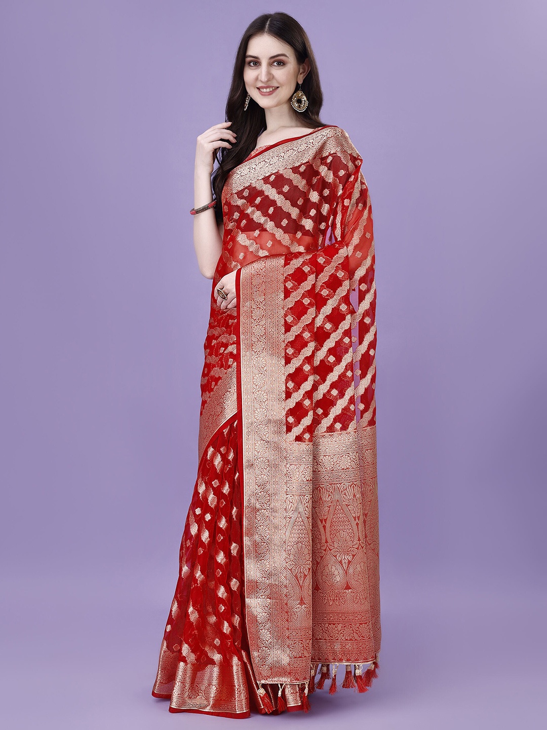 

ANISSA SAREE Ethnic Motifs Woven Design Zari Organza Banarasi Saree, Red