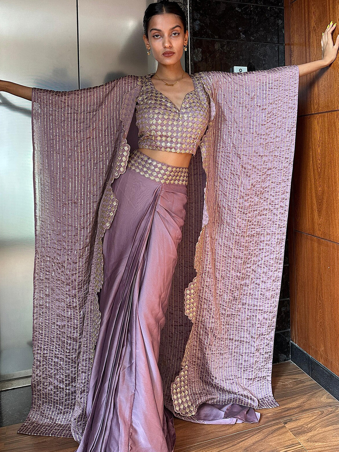 

ODETTE Embellished Beads and Stones Semi-Stitched Lehenga & Unstitched Blouse With Shrug, Lavender