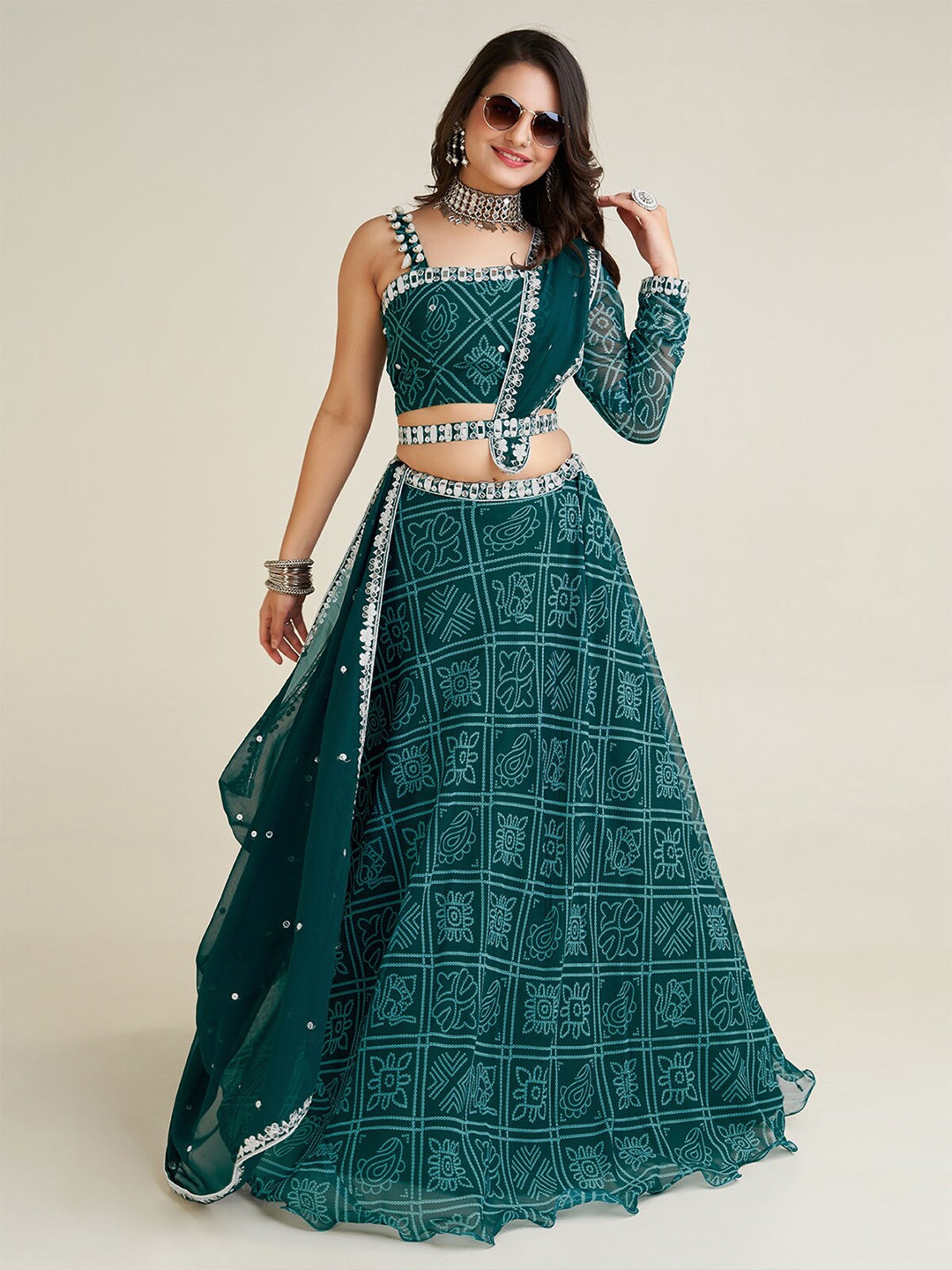 

ODETTE Printed Beads and Stones Semi-Stitched Lehenga & Unstitched Blouse With Dupatta, Green