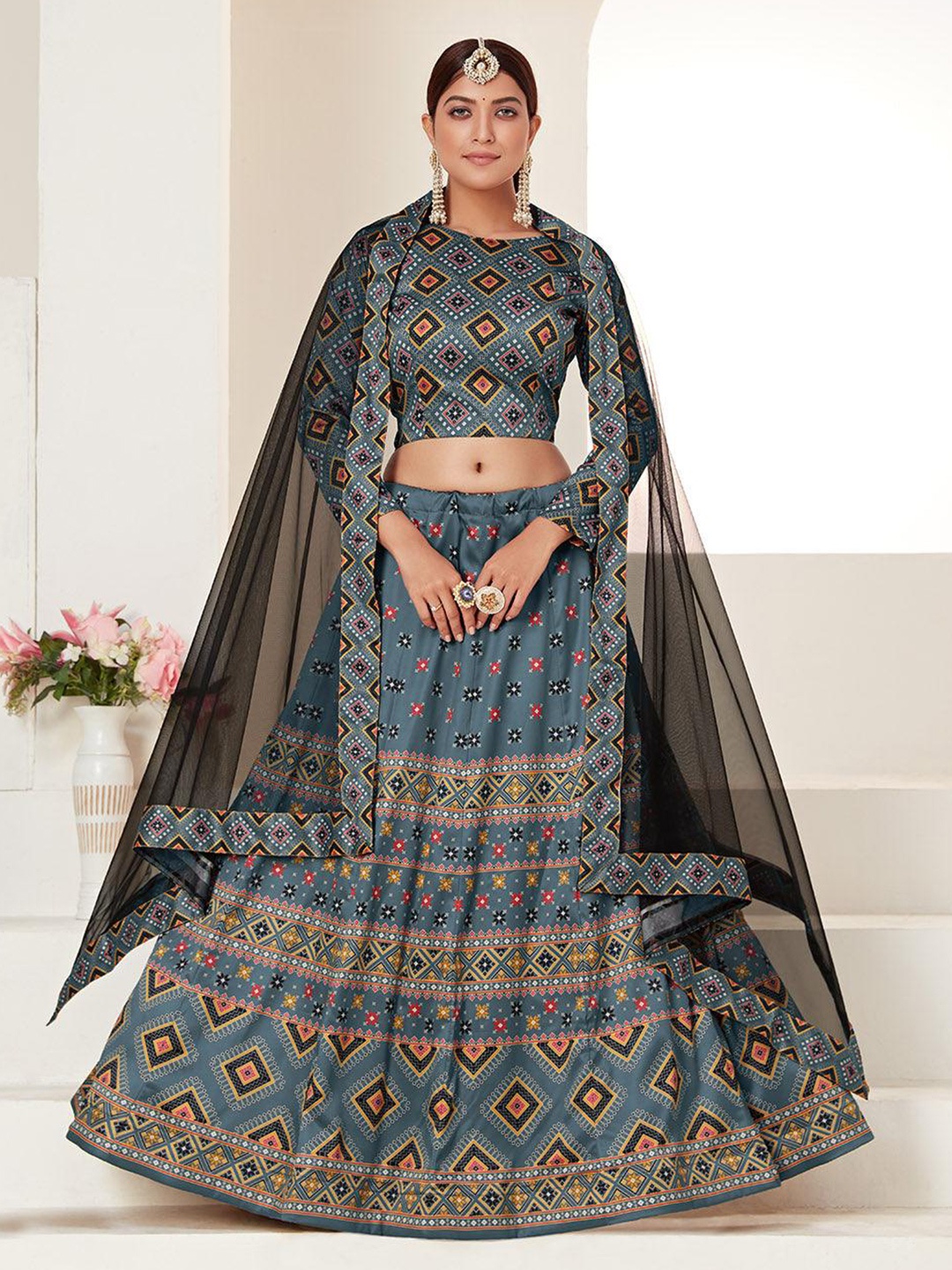 

ODETTE Printed Semi-Stitched Lehenga & Unstitched Blouse With Dupatta, Teal