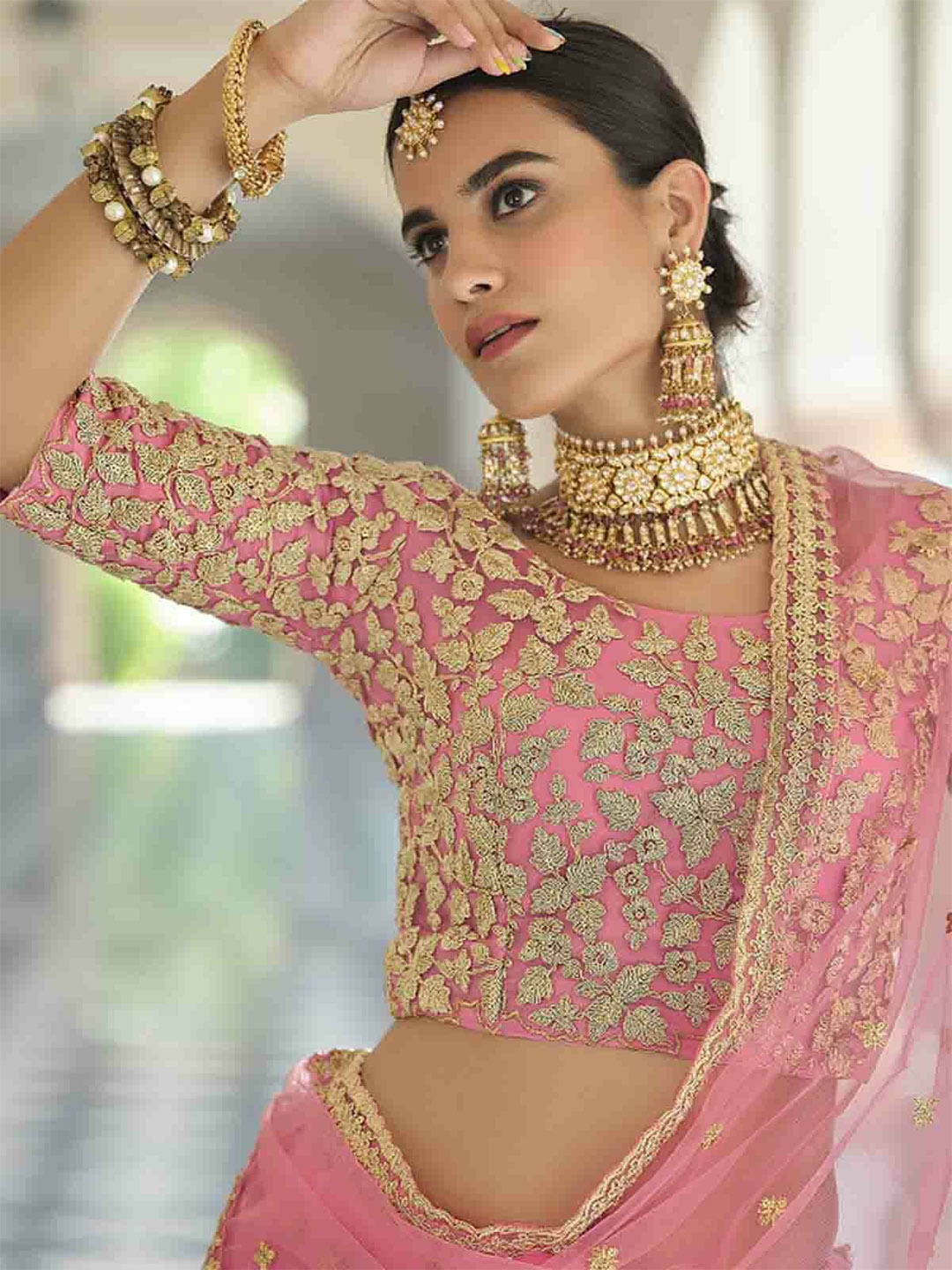 

ODETTE Embroidered Semi-Stitched Lehenga & Unstitched Blouse With Dupatta, Pink