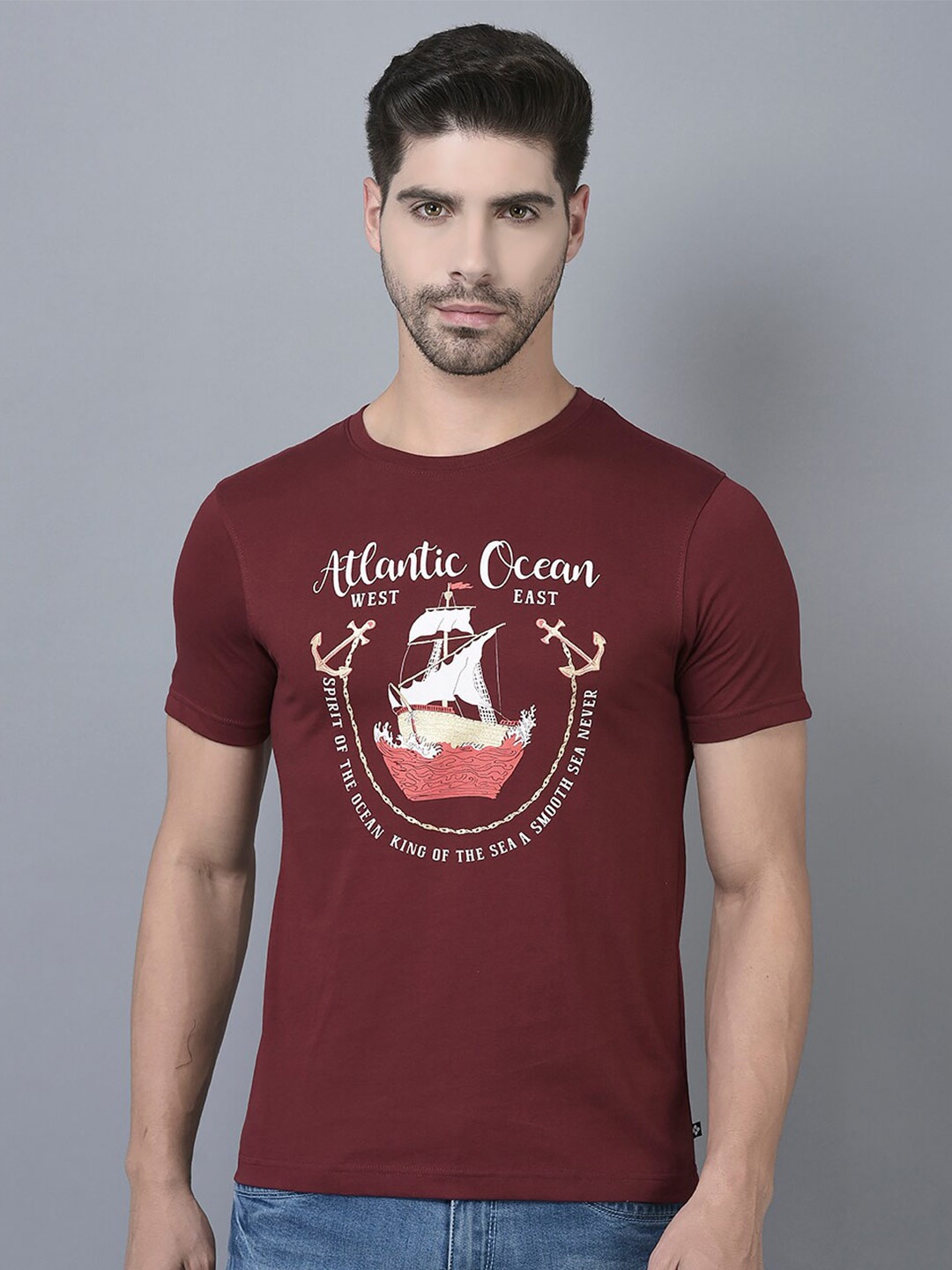 

Dollar Graphic Printed Round Neck Cotton T-shirt, Maroon