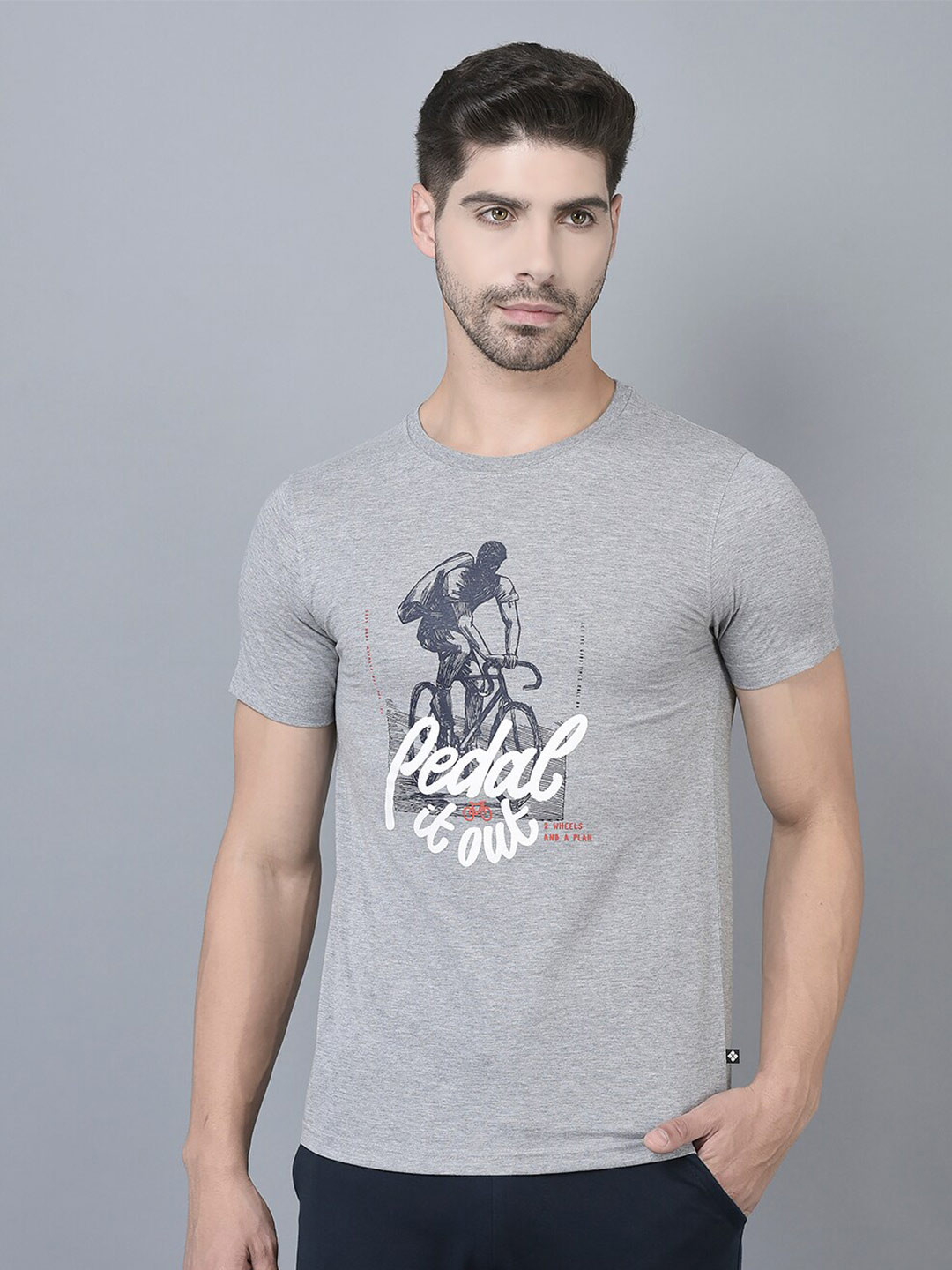 

Dollar Typography Printed Round Neck Cotton T-shirt, Grey melange
