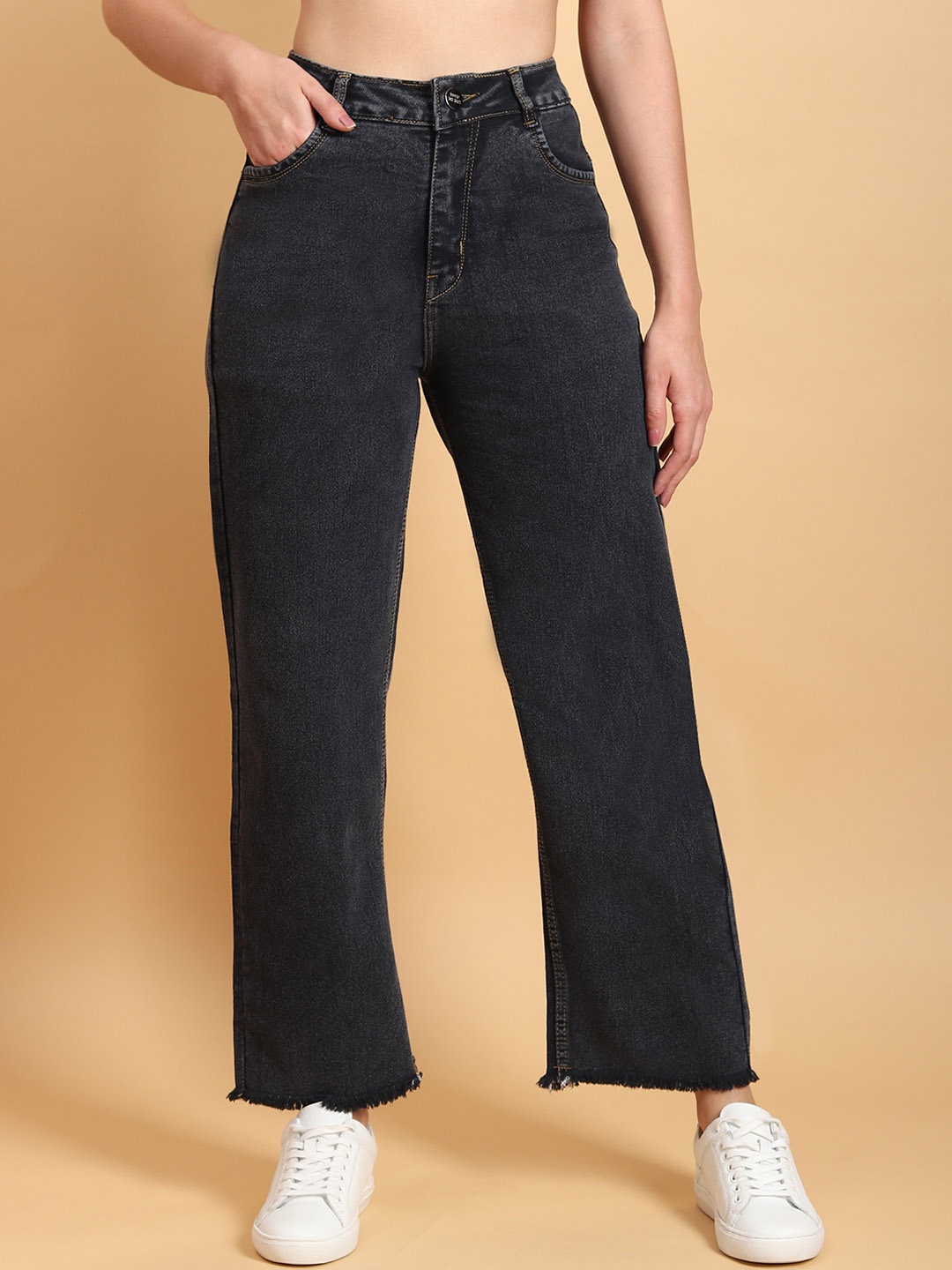 

LIVE OK Women Boyfriend Fit High-Rise Stretchable Jeans, Grey