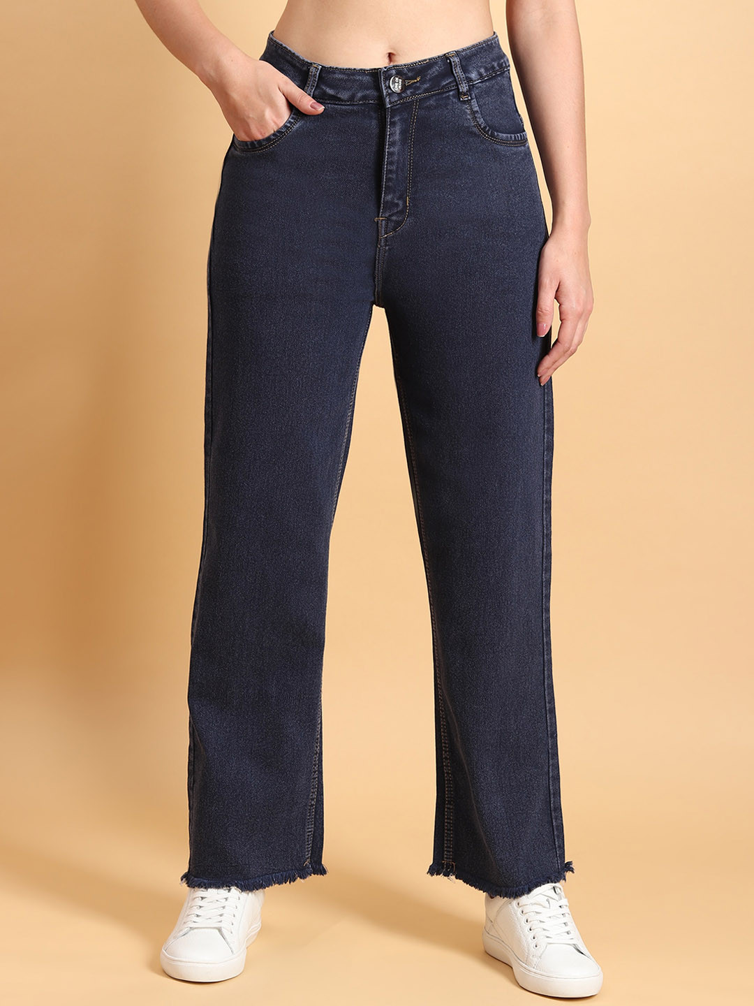 

LIVE OK Women Boyfriend Fit High-Rise Clean Look Stretchable Jeans, Navy blue