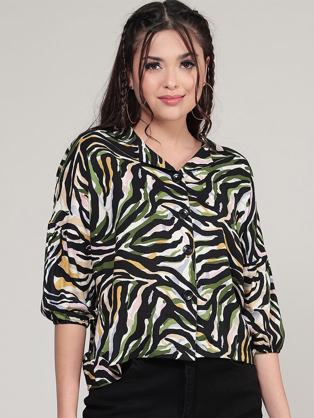 

CLEMIRA Abstract Printed Extended Sleeves Knitted V-Neck Wrap Top, Black