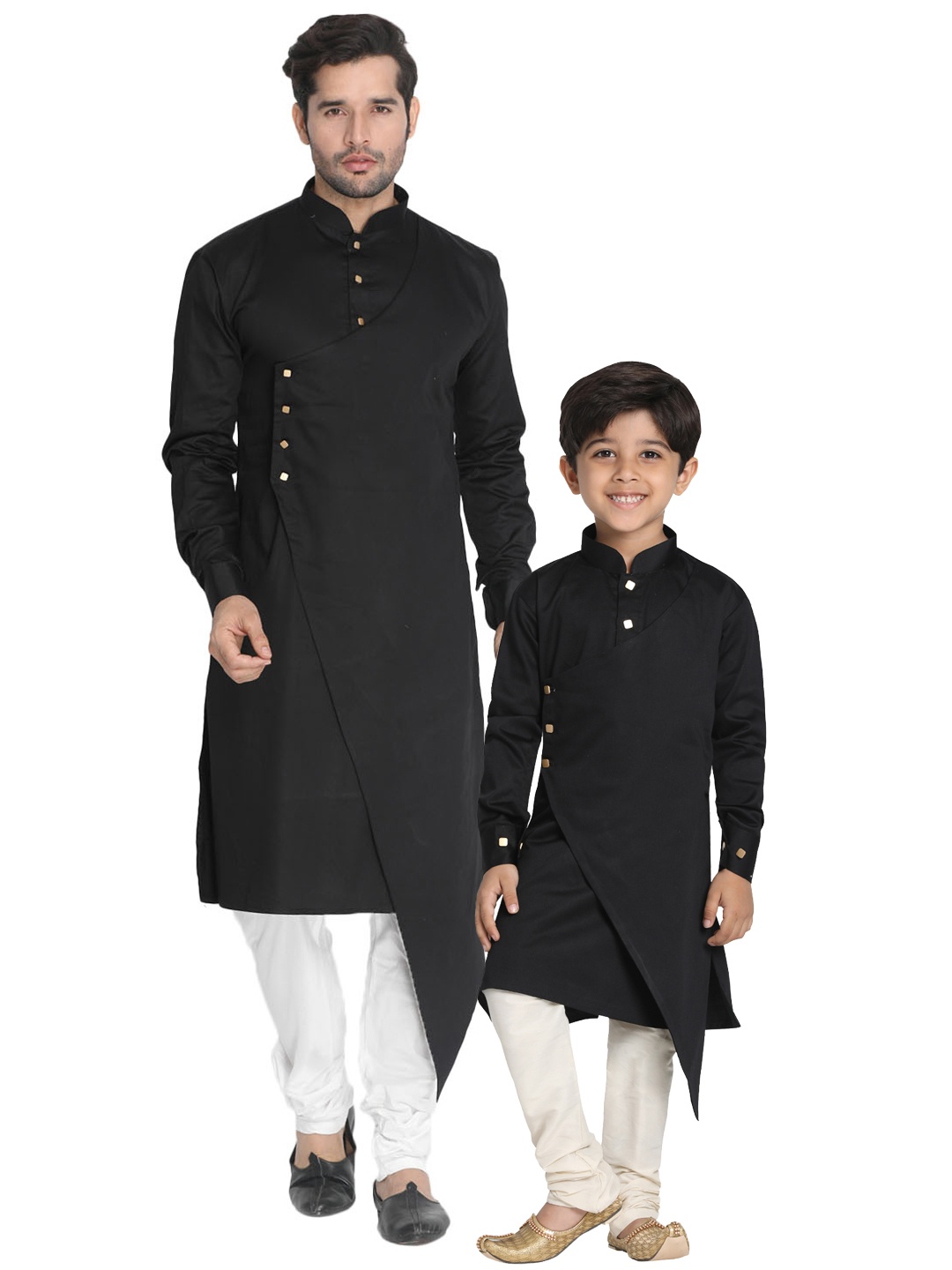 

VASTRAMAY Boys Mandarin Collar Long Sleeves Cotton Satin Straight Kurta With Pyjamas, Black