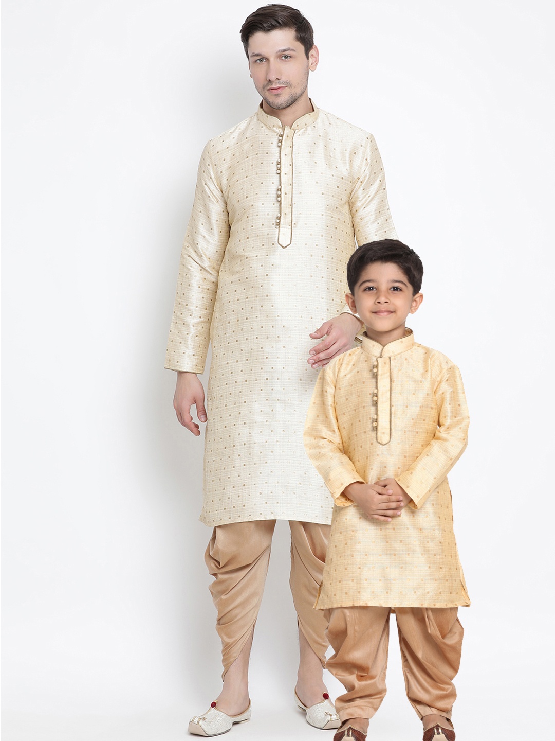 

VASTRAMAY Boys Mandarin Collar Ethnic Motifs Regular Kurta with Dhoti Pants, Gold