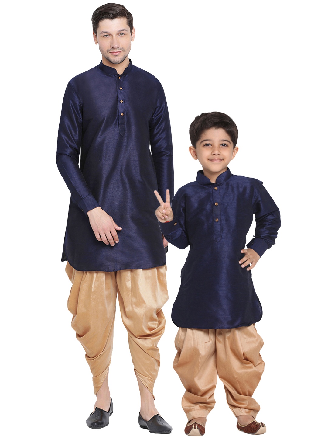 

VASTRAMAY Boys Mandarin Collar Long Sleeves Dupion Silk Kurta with Dhoti Pant, Navy blue