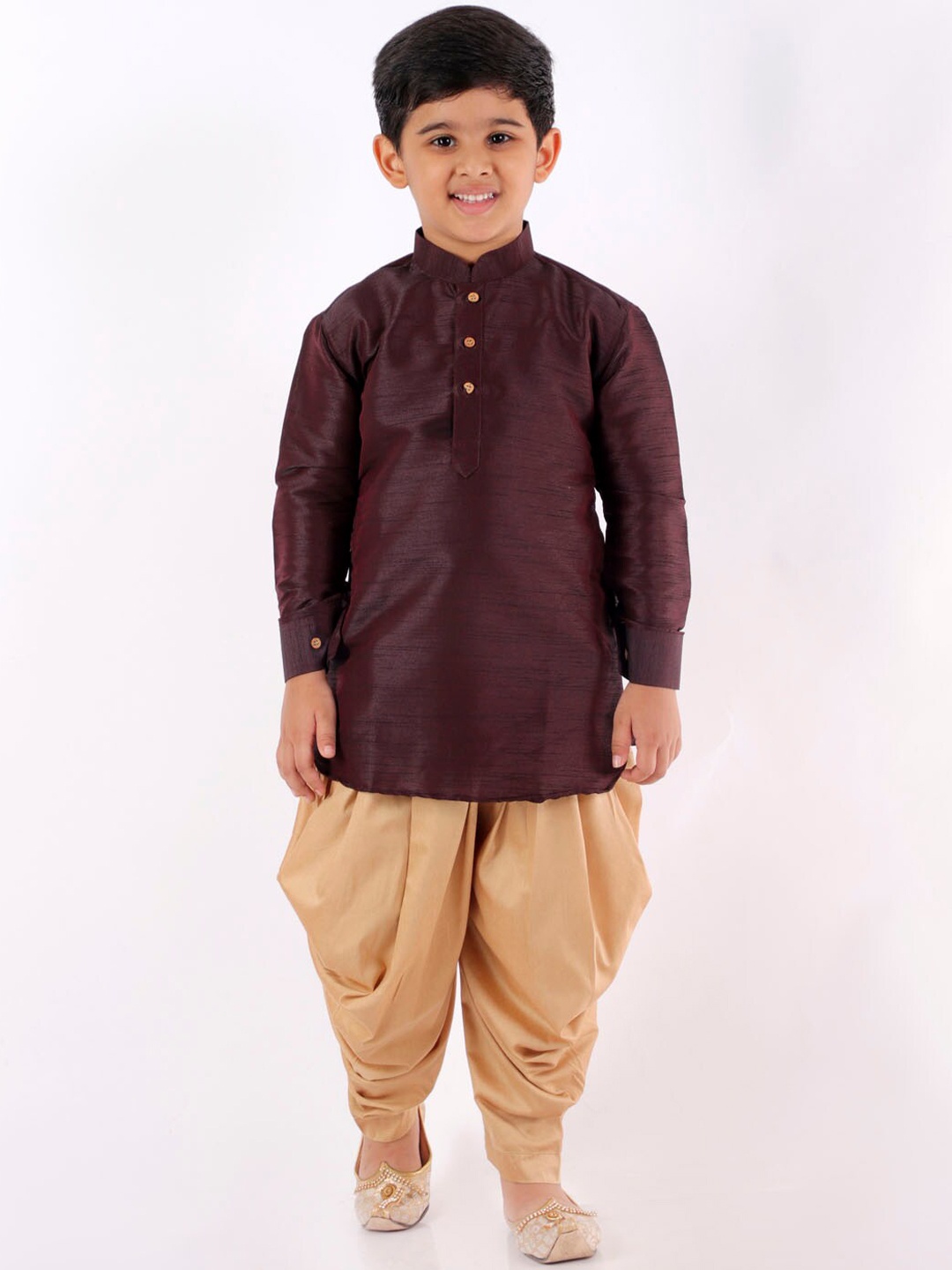 

VASTRAMAY Boys Mandarin Collar Regular Dupion Silk Kurta with Dhoti Pants, Burgundy