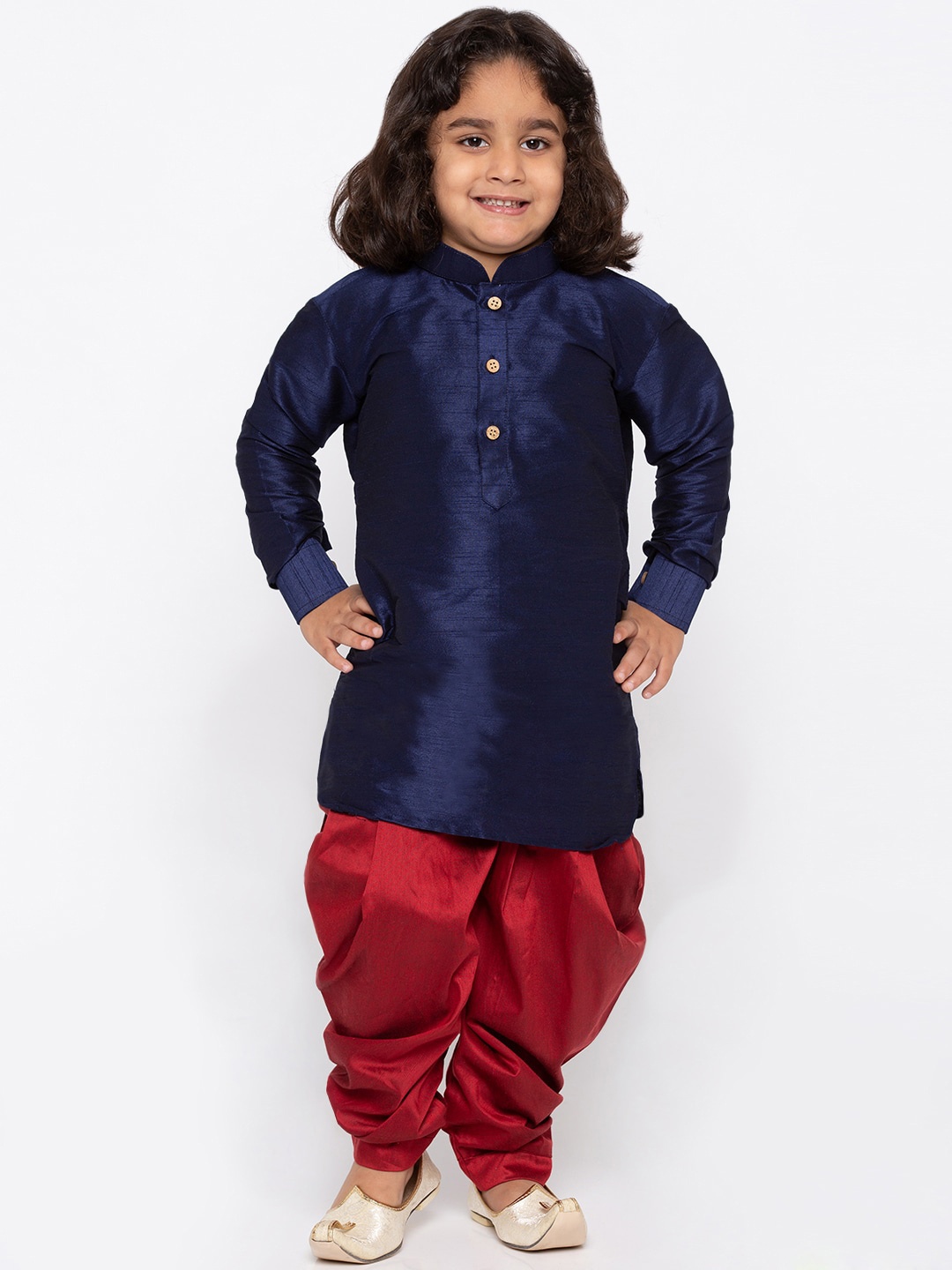 

VASTRAMAY Boys Mandarin collar Regular Dupion Silk Kurta with Dhoti Pants, Blue
