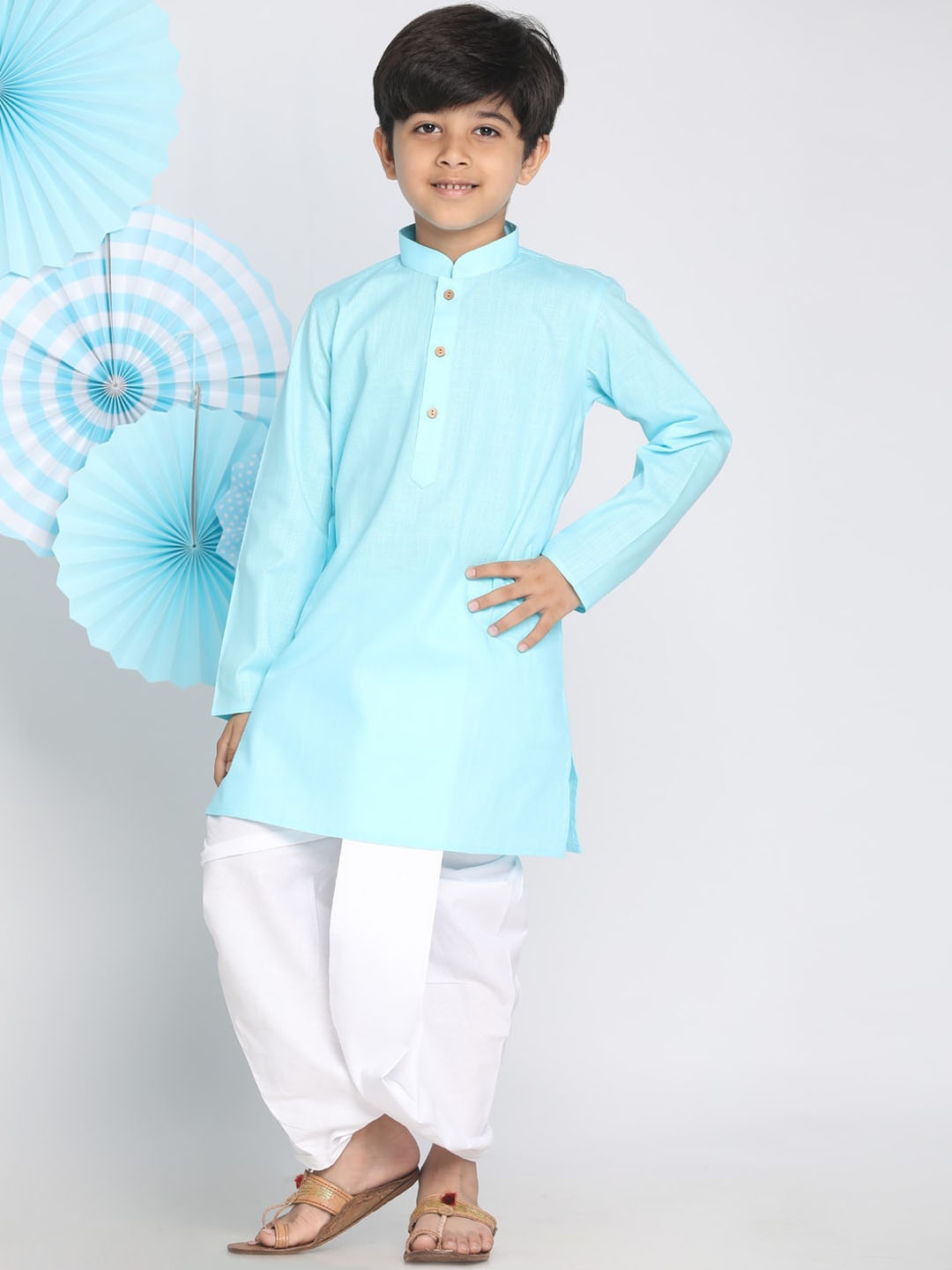 

VASTRAMAY Boys Mandarin Collar Regular Kurta with Dhoti Pants, Turquoise blue