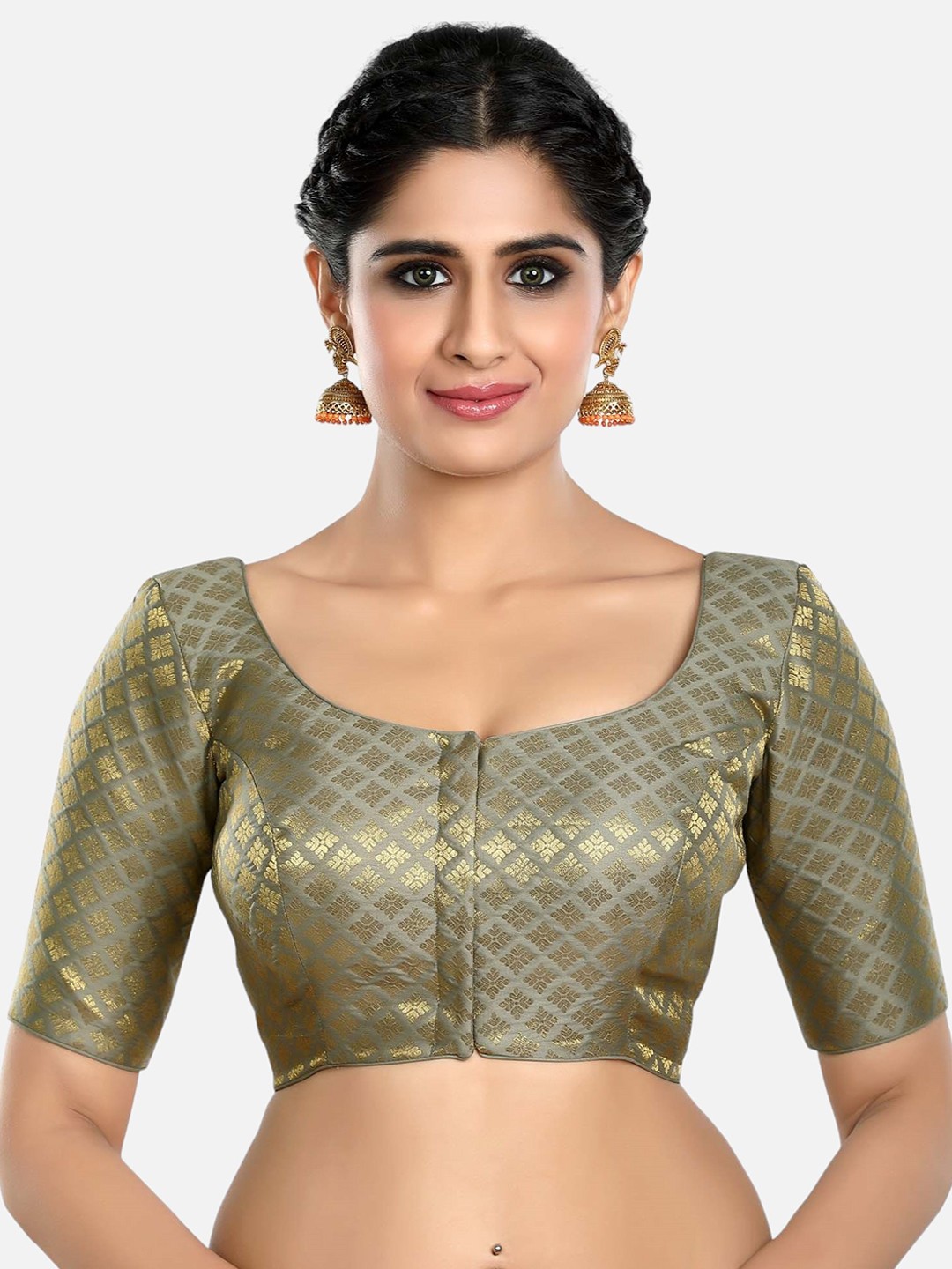 

Biyu Woven-Design Saree Blouse, Grey