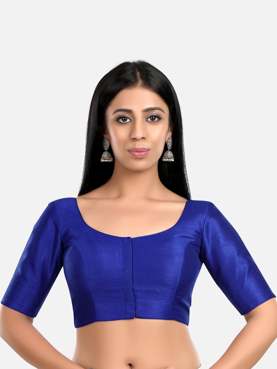 

Biyu Round Neck Short Sleeve Silk Saree Blouse, Blue