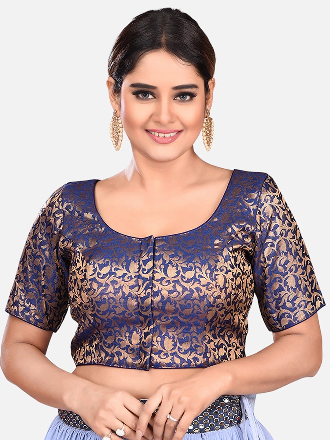 

Biyu Woven Design Padded Readymade Saree Blouse, Navy blue