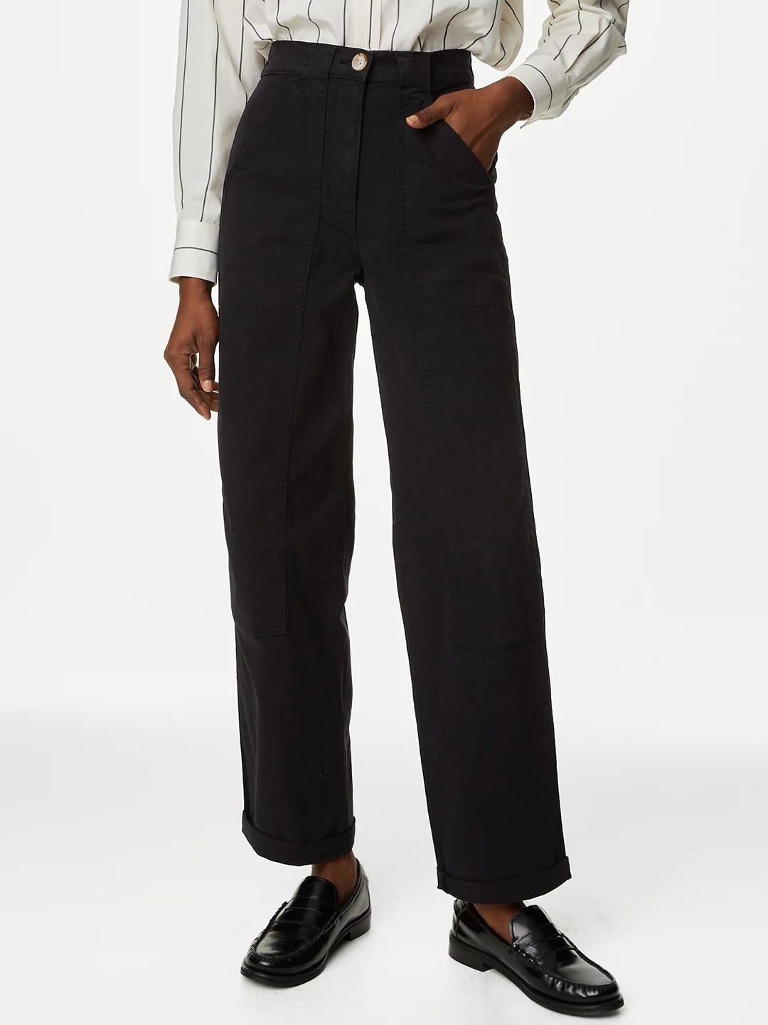 

Marks & Spencer Women Straight Fit High-Rise Parallel Trousers, Black