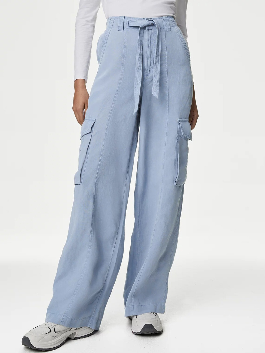 

Marks & Spencer Women Flared High-Rise Cargo Trousers, Blue