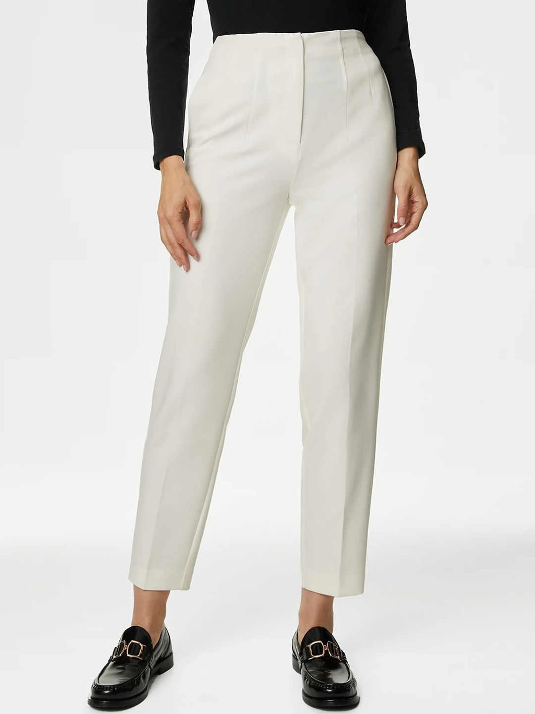 

Marks & Spencer Women Tapered Fit High-Rise Trousers, Off white