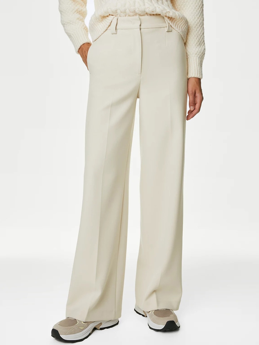 

Marks & Spencer Women Flared High-Rise Bootcut Trousers, Beige