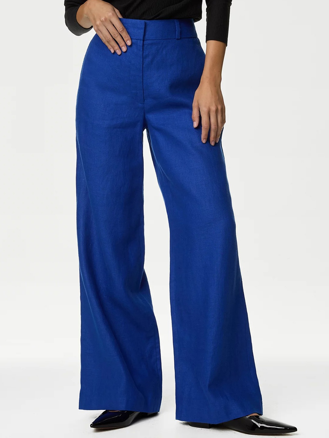 

Marks & Spencer Women Flared High-Rise Trousers, Blue