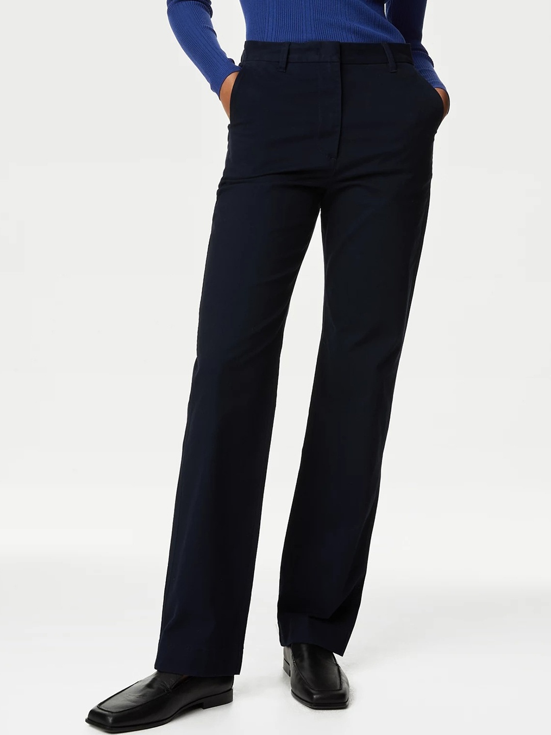 

Marks & Spencer Women Straight Fit High-Rise Trousers, Navy blue