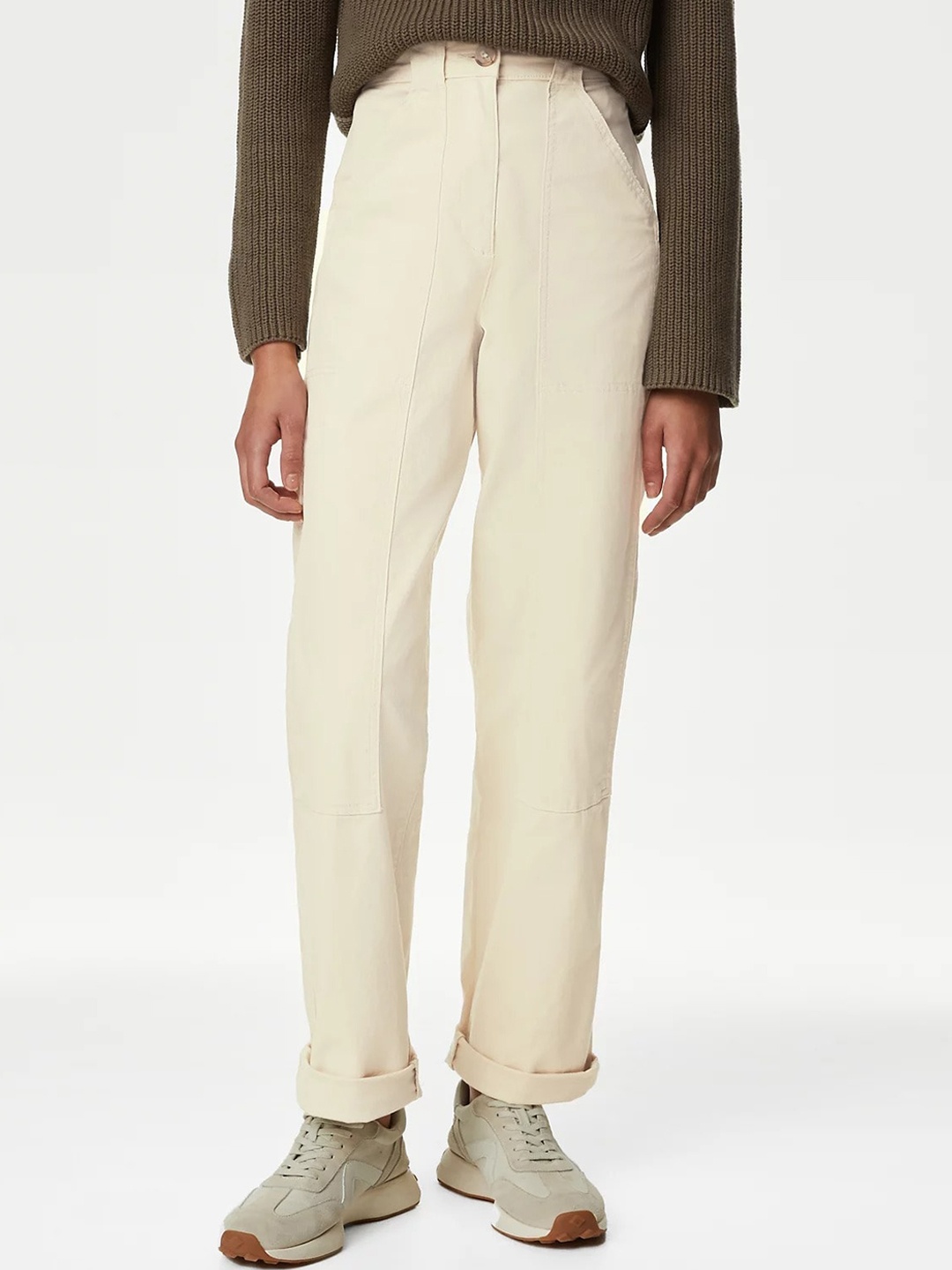 

Marks & Spencer Women Straight Fit High-Rise Trousers, Beige