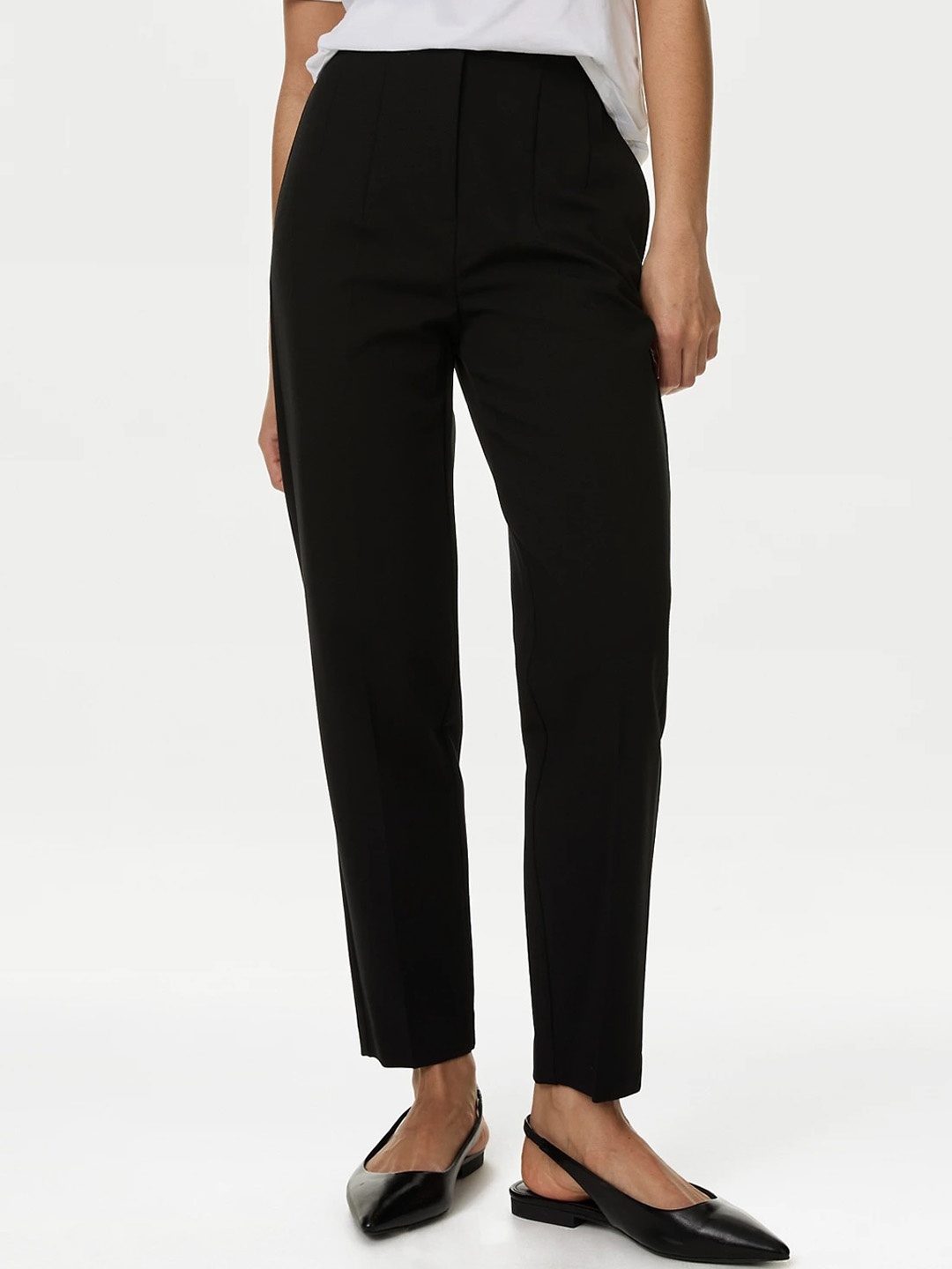 

Marks & Spencer Women Tapered Fit High-Rise Trousers, Black