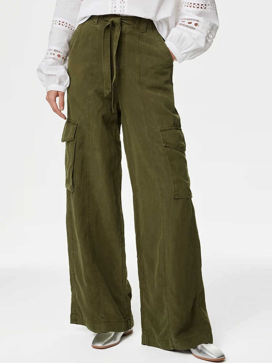 

Marks & Spencer Women Flared High-Rise Cargo Parallel Trouser, Khaki