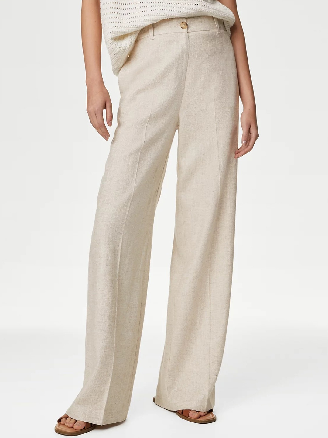 

Marks & Spencer Women Flared High-Rise Trousers, Beige