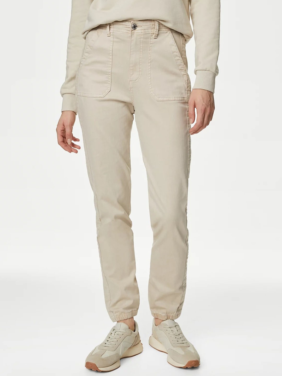 

Marks & Spencer Women Slim Fit High-Rise Joggers Trousers, Beige