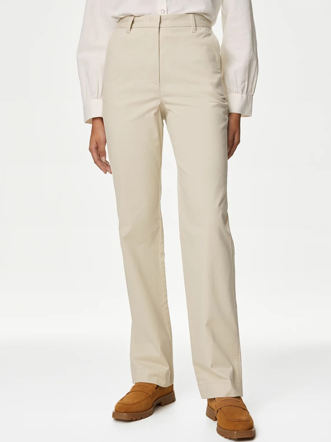 

Marks & Spencer Women Straight Fit High-Rise Trousers, Beige