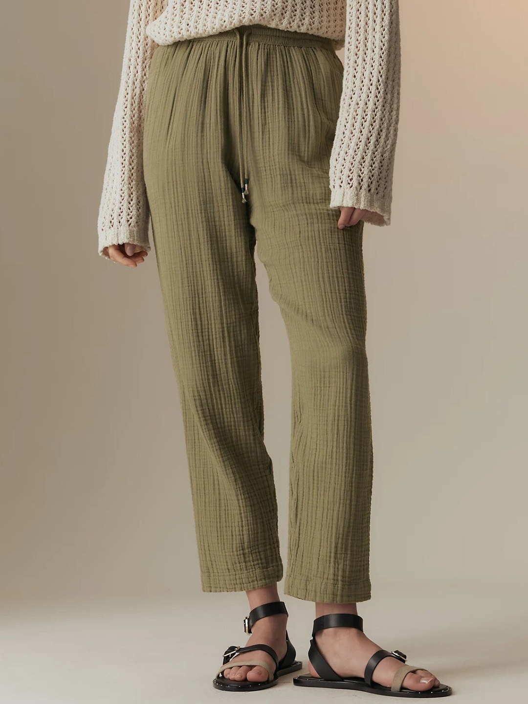 

Marks & Spencer Women Tapered Fit High-Rise Pure Cotton Trouser, Khaki