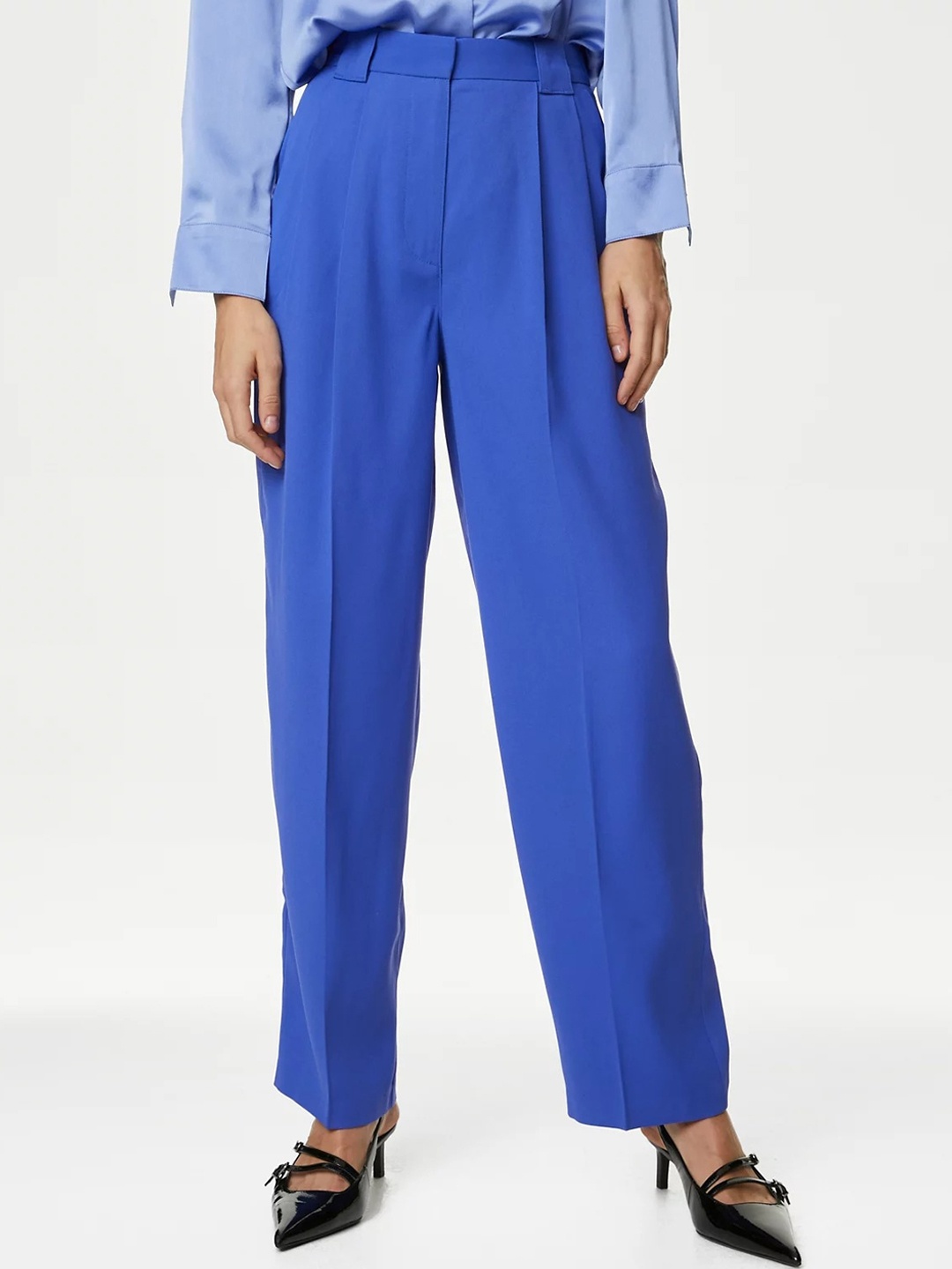 

Marks & Spencer Women Straight Fit High-Rise Pleated Trousers, Blue