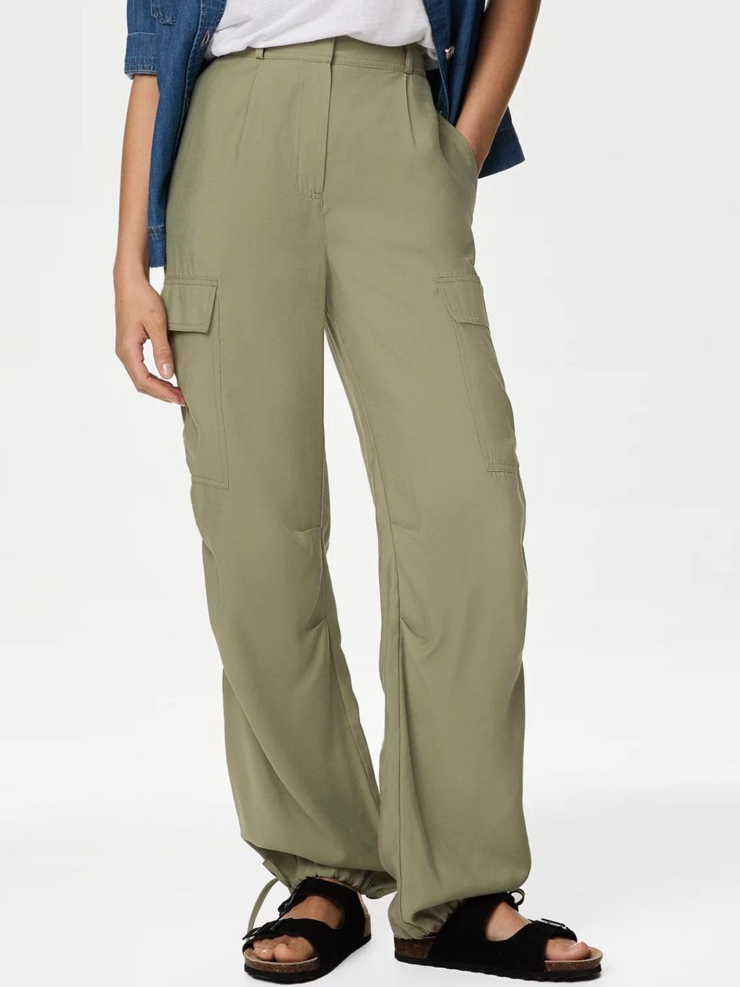 

Marks & Spencer Women Straight Fit High-Rise Cargos Trousers, Khaki