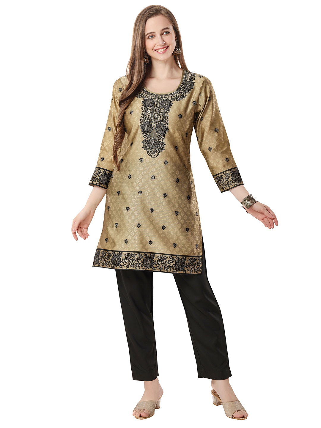 

keshubaba Ethnic Motifs Jacquard Kurti, Beige