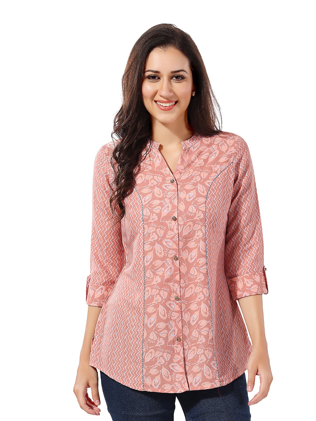 keshubaba Geometric Printed Mandarin Collar Tunic, Peach
