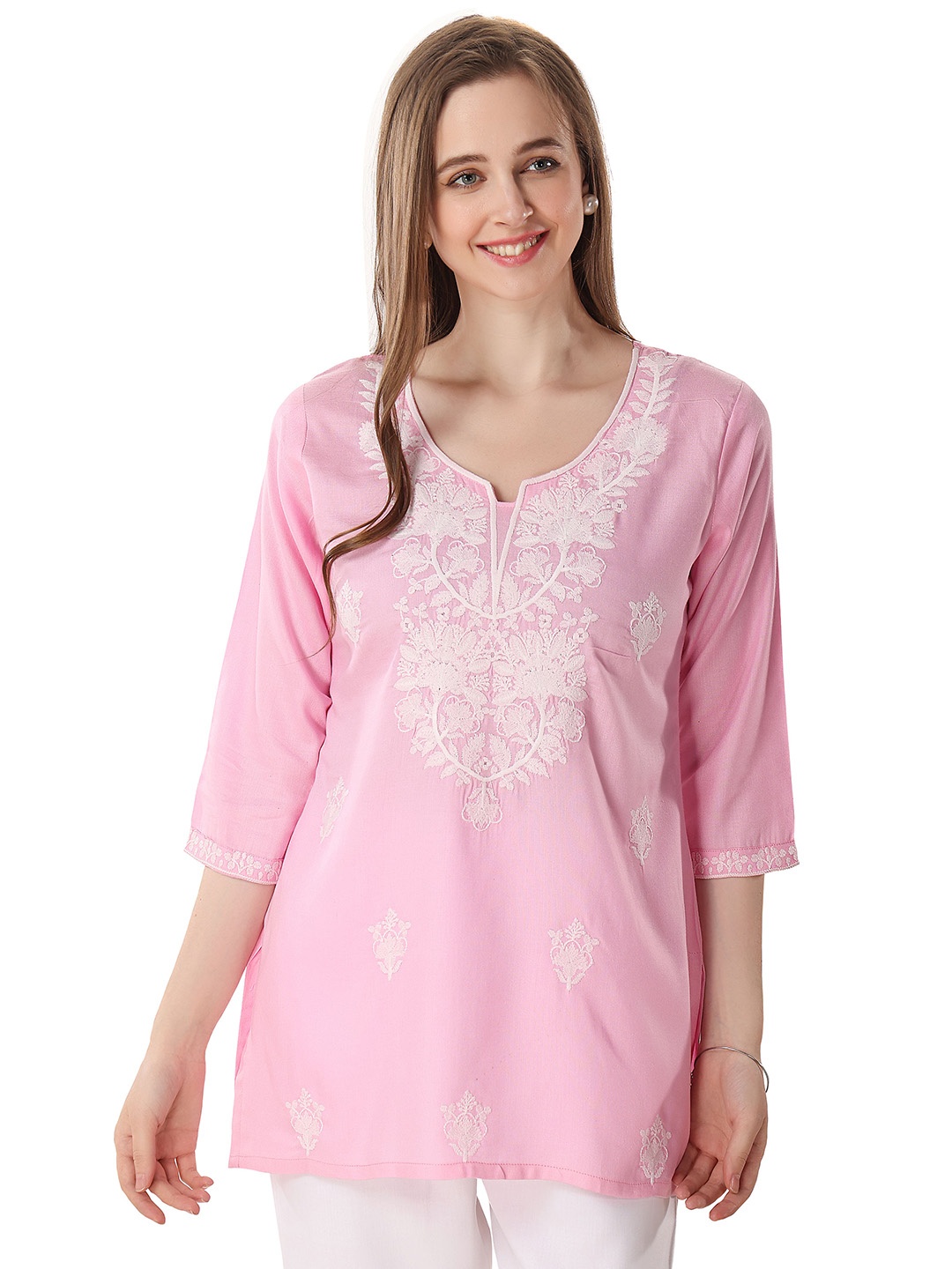 

keshubaba Embroidered Straight Kurti, Pink