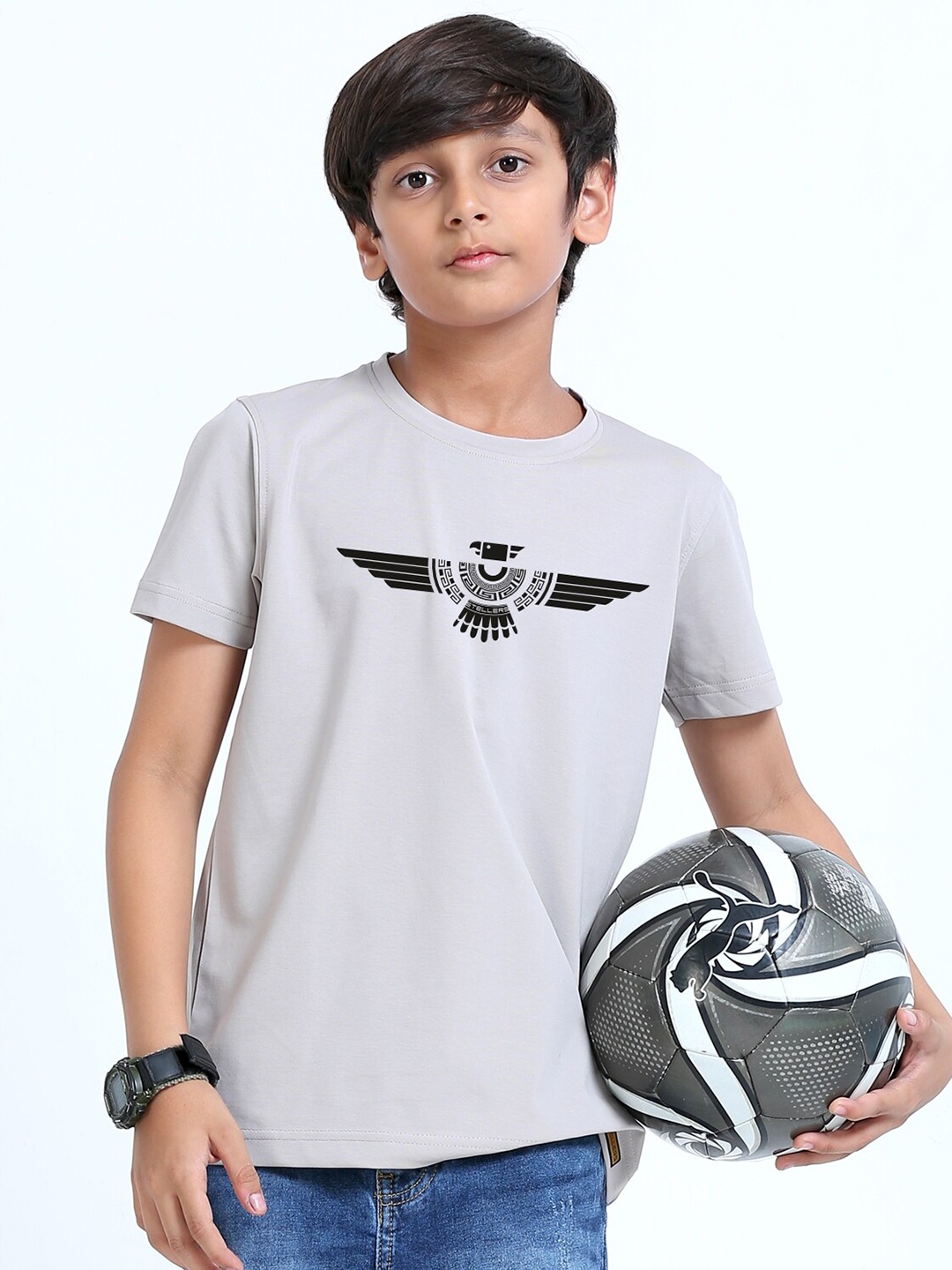 

STELLERS Boys Printed Round Neck Regular Sleeves T-shirt, Grey