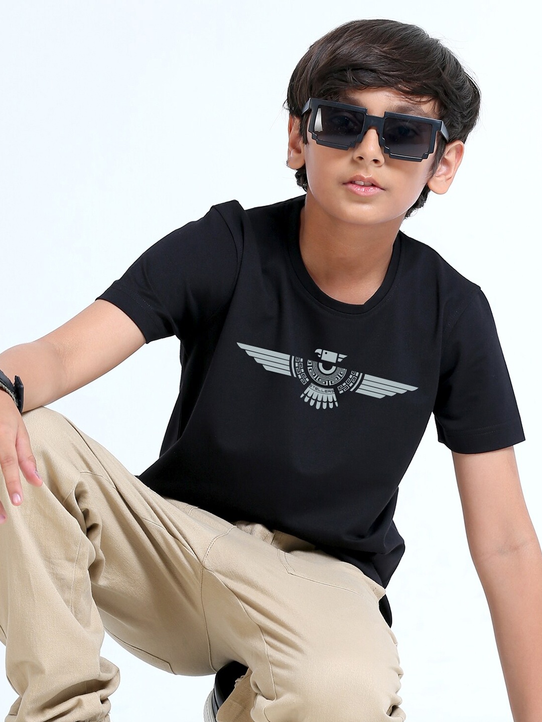 STELLERS Boys Typography Printed Round Neck Regular Sleeves T-shirt, Black