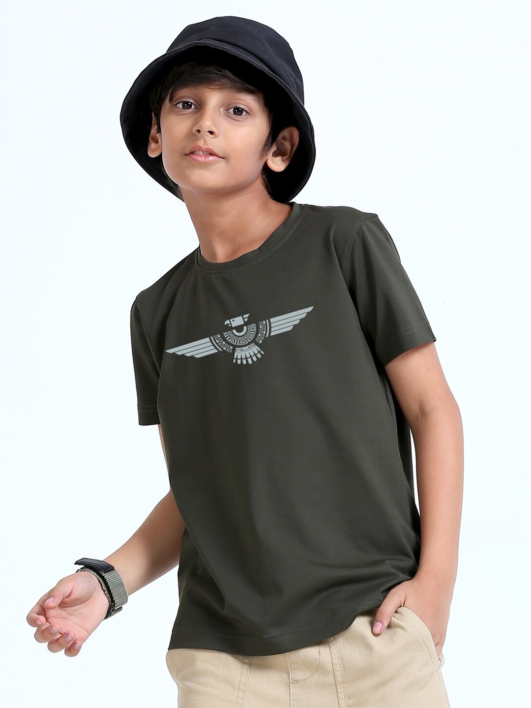 

STELLERS Boys Printed Round Neck Regular Sleeves Cotton T-shirt, Olive