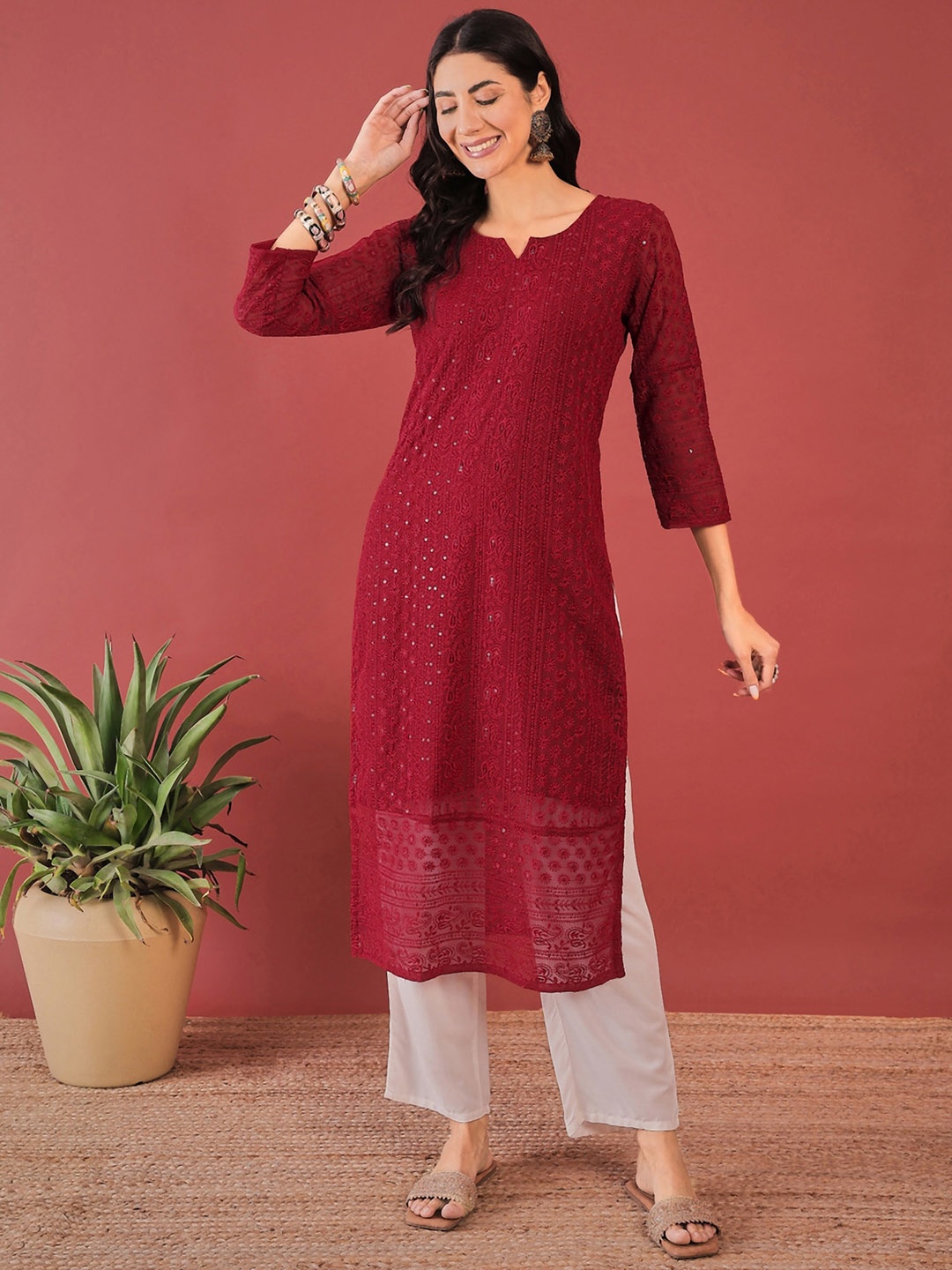 

Anouk Ethnic Motifs Embroidered Georgette A-Line Kurta, Red