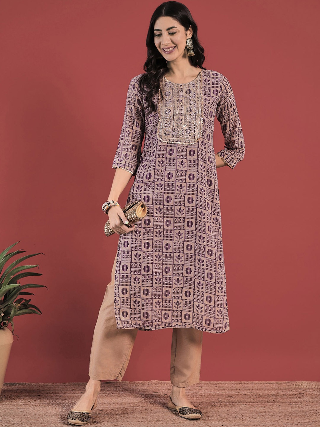 

Anouk Purple Ethnic Motifs Printed Thread Work Georgette Straight Kurta