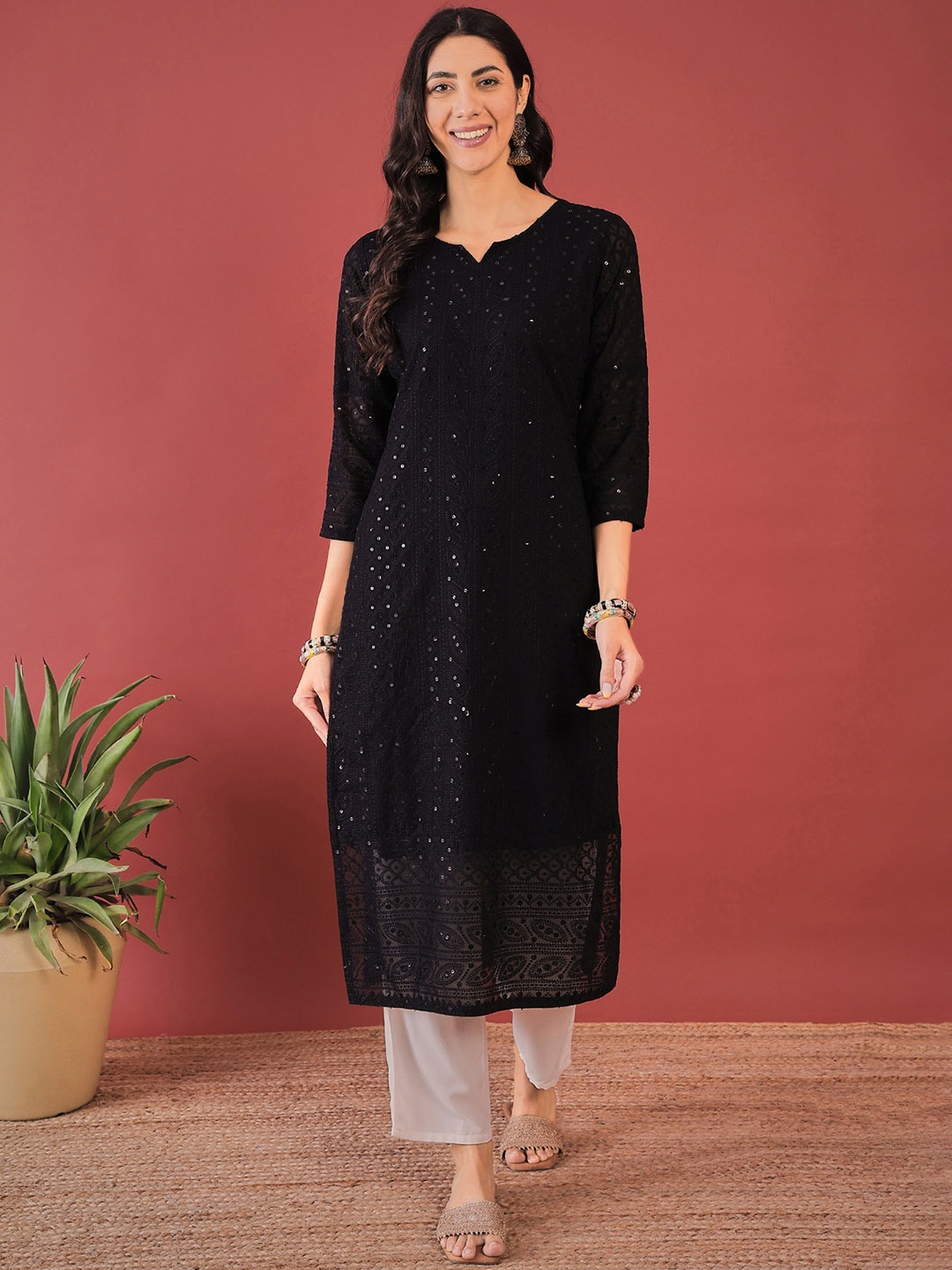 

Anouk Black Ethnic Motifs Embroidered Chikankari Detailed Straight Kurta